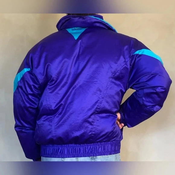 Obermeyer Vintage 80s Retro Purple/ Blue Colorblock Down Puffer Satin Jacket Ski - Picture 2 of 11